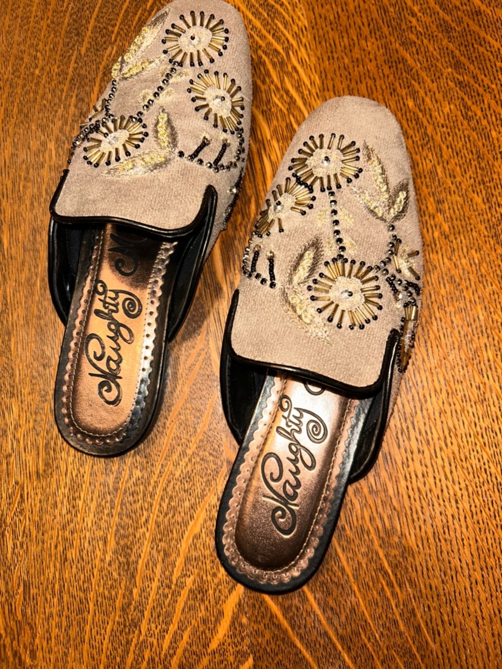 naughty monkey Beige Embroidered Beaded Slip-On Mules